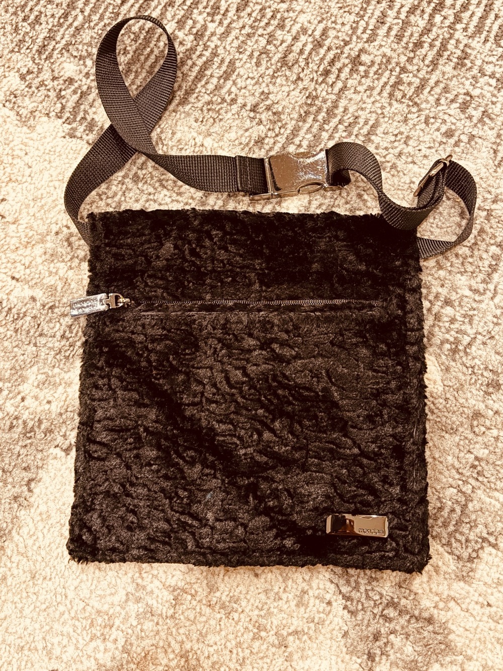 Mondani New York Black FauxFur Sherpa Utility Crossbody BeltBag Adjustable Strap